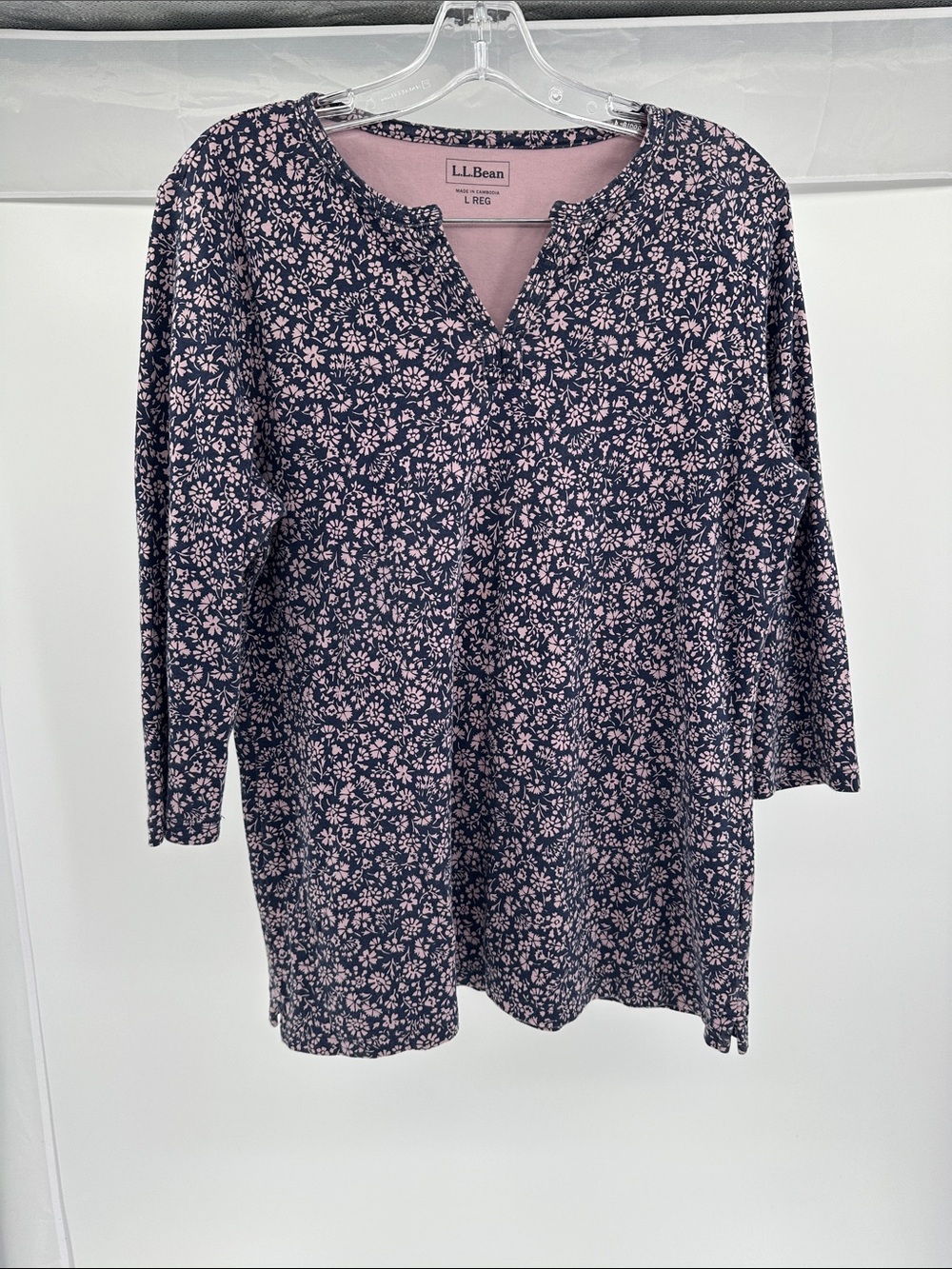 L.L. Bean Navy and Pink Floral Long-Sleeve Notch-Neck Top